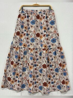 Floral Tiered Skirt in Cream with Blue & Mustard Flowers 🍂